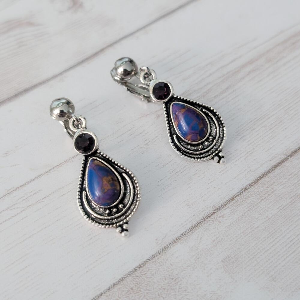 Vintage Clip On Earrings Statement Silver Tone Wi… - image 3